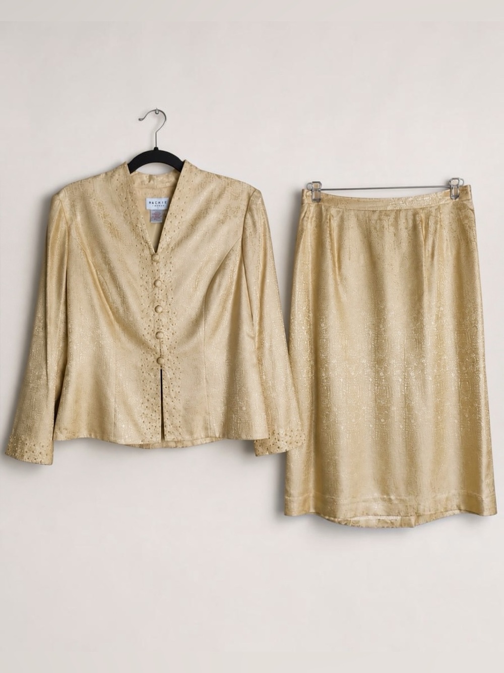 Papell Petites 8P 100% Silk Beaded Jacquard Jacket Skirt Suit Champagne